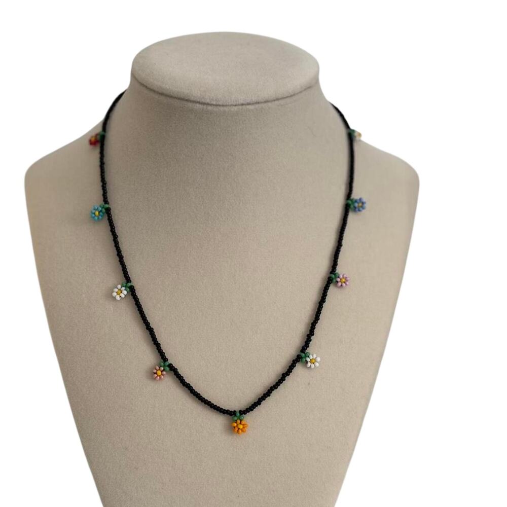 Handmade Black Beaded Flower Necklace Colorful Daisy Floral Boho Jewelry - Picture 4 of 5